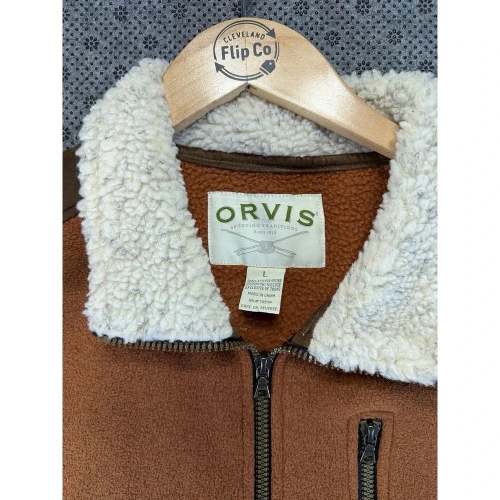 Orvis Full Zip Fleece Sherpa Collar Vest Men's Size Large Outdoors Rust Orange